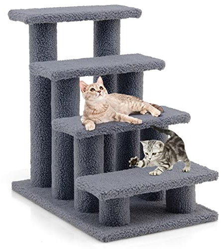 SOARS Katzentreppe, 4-stufige Haustiertreppe, Treppe für Katzen bis 25 kg, Hundetreppe, Kletterbaum Katzenbaum, 61 x 41 x 60 cm (Grau)