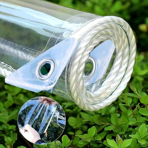 Clear Tarp, 14 Mil Heavy Duty Waterproof Clear PVC Tarp, 420g/M² Clear Tarps with Grommets for Camping, Plants Greenhouse, Cars and Patio, 7' x 13'