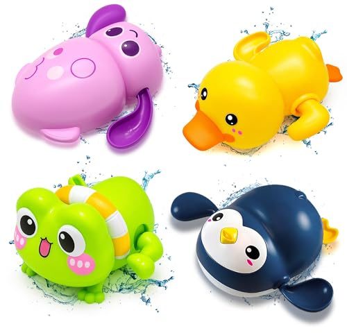 Chennyfun Juguete Baño Bebe, 4 Pez Juguetes Bañera para Bebe de 1 2 3 Año, Juegos de Agua Baño, Bañera Animales Flotante Juguetes-Pingüino Rana Pato Calamar, Juego de Ducha Piscina para Niño Niña