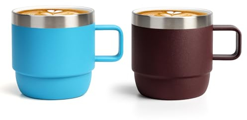 Zenbo 6 oz Espresso/Coffee Mug with Handle, Double Wall Vacuum Insulated 18/8 Stainless Steel Ceramic Lined Cups, Coffee, Tea, Hot & Cold Drinks, No Sweat, Dishwasher Safe(Wild Vine Red & Blue-2Pack)