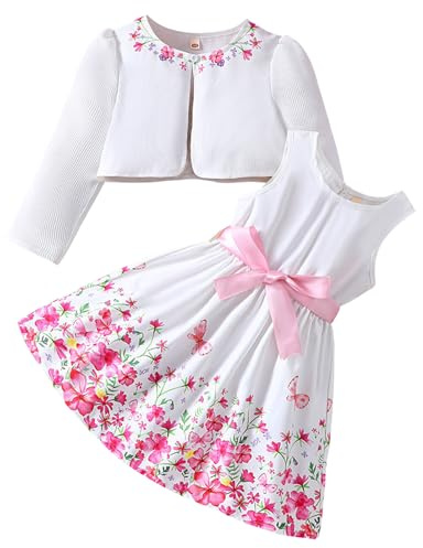 Fnaobai Vestito e cardigan per bambine Set 2 pezzi Abito senza maniche con stampa floreale Maglioni con bordo in pizzo Primavera Vestiti completi per 2-7 anni