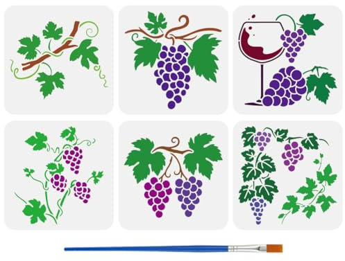 FINGERINSPIRE 6 Pcs Grapevine Painting Stencil with Brush 20x20cm 6 Styles Grape Drawing Template Vine Glass Goblet Plants Theme DIY Decoration Template for Painting on Wood Wall Fabric Furniture