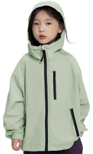 Rolanko Giacca Impermeabile con Cappuccio per Ragazze, Impermeabile Leggera Giacca a vento Giacche da Pioggia Outwear per Bambini Ragazzi 7-14 Anni, Verde, Taglia: 160/11-12 Anni