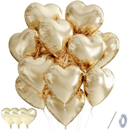 QIFU Champagne Gold Heart Balloons 12 Pack, Gold Love Heart Balloons Valentines Balloon with White Ribbon, Helium Foil Hearts Balloon for Romantic Valentines Decorations Anniversary Engagement Wedding