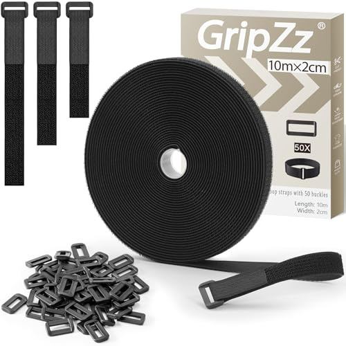 GripZz Wiederverwendbare Klettband, 10 m x 2 cm mit 50 Schnallen Rolle Einstellbare Kabelriemen mit Schlaufen, Hakenband zum maßschneiden, für Kabelmanagement und Aufbewahrung