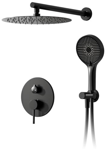 Columna ducha,Sistema de ducha empotrado con rociador de lluvia de 40x40 cm,Cabezal de ducha de lluvia oculto en negro,Cabezal de ducha de alta presión redondo autolimpiable,Con ducha de mano