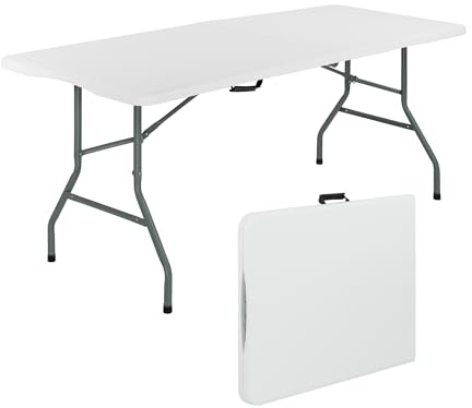 BRINDEK Mesa Plegable portátil de 180x70x74 cm | Mesa de Camping con Estructura metálica y Tablero HDPE Resistente | Capacidad 6/8 Personas, Carga 150 kg | Plegable con asa de Transporte