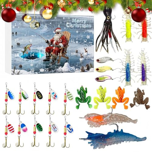 Julfiske nedräkningskalender, 24 dagar jul adventskalender, fiskedrag kit, för pappa pojkvän tonåringar män fiskare sjö flod abborre öring sötvatten saltvatten
