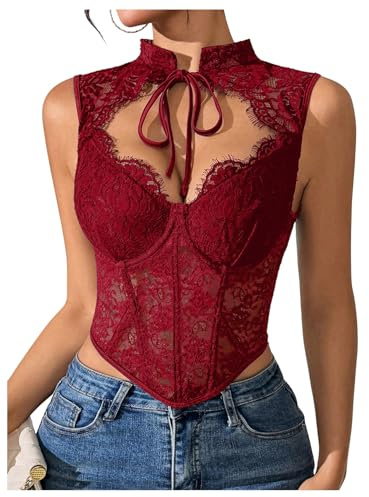 SweatyRocks Women's Floral Lace Corset Top Cut Out Crop Bustier Sexy Going Out Party Night Club Rave Tops Burgundy Medium