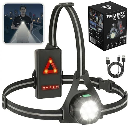 Pullstra Lampe Pectorale Running Rechargeable USB-C – Lampe Course à Pied avec 7 LED Blanches Avant & 8 LED Rouges Arrière, 3 Modes d’Éclairage, IPX4 Étanche, Autonomie Longue Durée – Homme & Femme