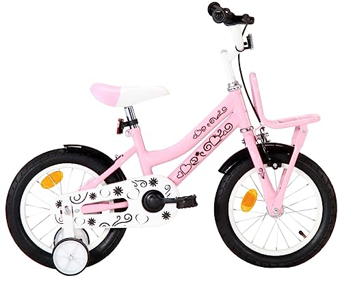 vidaXL Kinderfahrrad mit Frontgepäckträger Höhenverstellbarer Lenker Mädchenfahrrad Kinderrad Fahrrad für Kinder Mädchen 14 Zoll Weiß Rosa