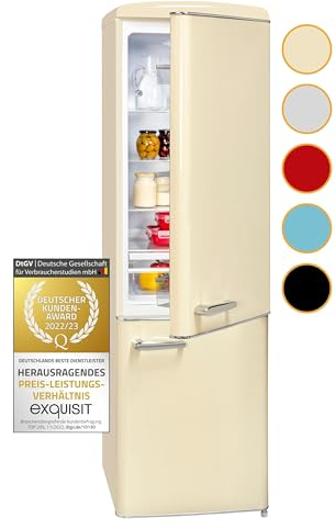 Exquisit Retrokühlschrank RKGC250-70-H-160E magnolienweiss | 244 L Volumen | Kühlschrank Retro freistehend | Türablagen & Glasablagen | LED-Licht