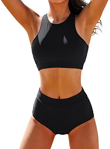 High Waisted Bikinis for Women High Neck Sporty Racerback Crop Top Swimsuit High Cut Two Piece Bathing Suit Black S