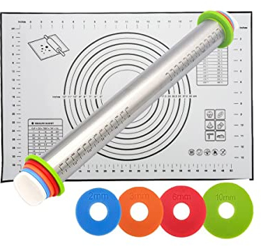 NASNAIOLL Rolling Pin and Baking Pastry Mat Set,Stainless Steel Dough Roller,Rolling Pins with Adjustable Thickness Rings,for Baking Fondant,Pizza,Pie,Pastry,Pasta,Dough