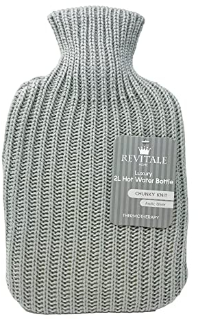 Revitale Luxury Cosy Hot Water Bottle 2 Litre, Soft Cover, Single Ribbed Natural Rubber 2025, British Standard BS1970:2012, Durable & Leak-Resistant (Arctic Silver - Knit)