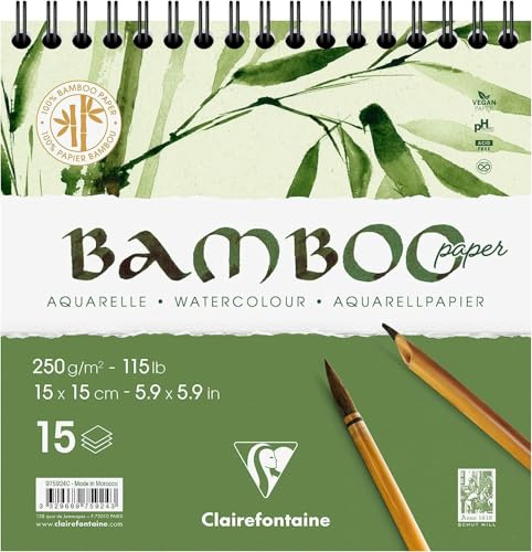 Clairefontaine 975924C - Bamboo Spiral-bound Pad - 15 Sheets of 100% Bamboo Watercolour Paper, Natural White, 100% Vegan - Finely Marked Grain, 15x15 cm, 250g