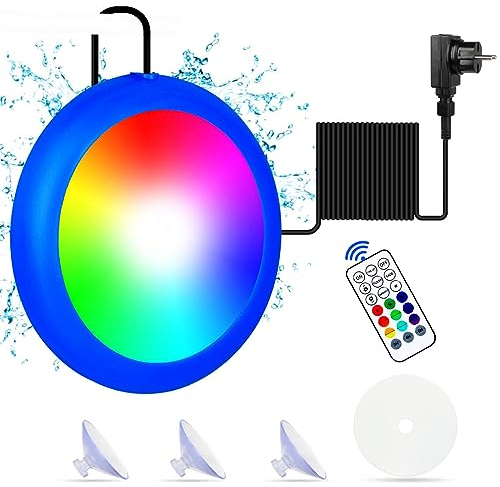 COOLWEST Poolleuchte, oberirdisch, 10 W, RGB, mit Fernbedienung RF und Saugnapf, Poollampe, 12 V AC/DC, IP68, wasserdicht, 16 Farben, 3 Timer-Optionen, 7 m Kabel