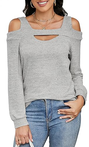 Heersan Camiseta Mujer Manga Larga Camisa Hombros Descubiertos Pullover Túnica Escote Cuadrado Top de Punto Otoño Nueva Llega