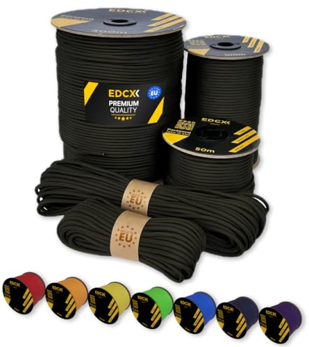 EdcX Paracord 4 mm, 35+ Volltonfarben (10 m, 15 m, 30 m, 50 m, 100 m, 300 m) | Ideal zum Basteln, Camping, Outdoor | 100% Nylonseil 4 mm| Paracord 550 Typ III (Army Green, 10 m)