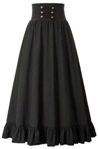Femmes Jupes Gothiques Longue Jupe Maxi Taille Haute Ourlet À Volants Jupes Trapèze Taille Élastique Vintage Skater Club Fête Mode Décontractée-Noir Solide-S