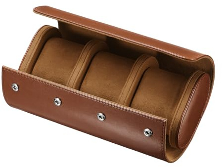 sourcing map Leather Watch Travel Case 3 Slot Watch Roll Storage Box Brown | Single Organizer for Men Women Watch Holding Storaging Displaying