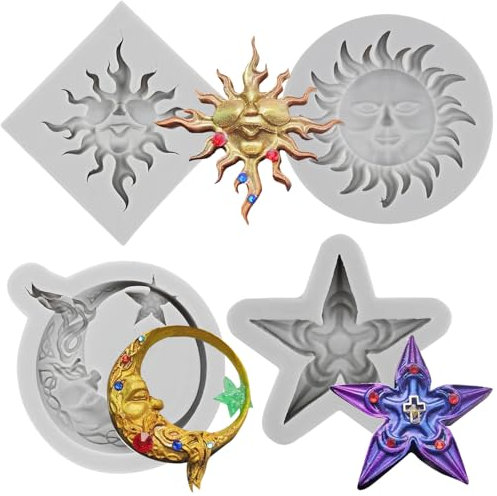 MYRACS Lot de 4 moules à fondant en forme de dieu du soleil grec de la lune et de l'étoile, en silicone, pour décorer des gâteaux, des cupcakes, des bonbons, du chocolat, de la pâte à fleurs et de
