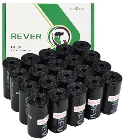 REVER GH50, 300 Stück Hundekotbeutel, Extra Stark Kotbeutel für Hunde, Parfümfrei, 33 x 23 cm, Schwarz (20 Rollen, 15 pro Rolle)