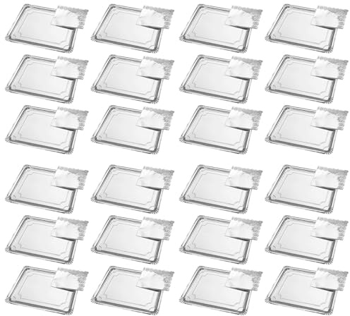 AC - Pack de 24 bandejas rectangulares con blonda - Cartón y Papel - Especial para Fiestas, presentación de postres - Material reciclable - 31 x 38 cm - Color Plata