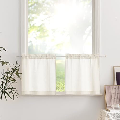 PONY DANCE Visillos Cortos para Ventanas, Cortinas Cocina de Lino Semi Translucidas con Bolsillo de Barra 2 Piezas,60x60cm,Natural