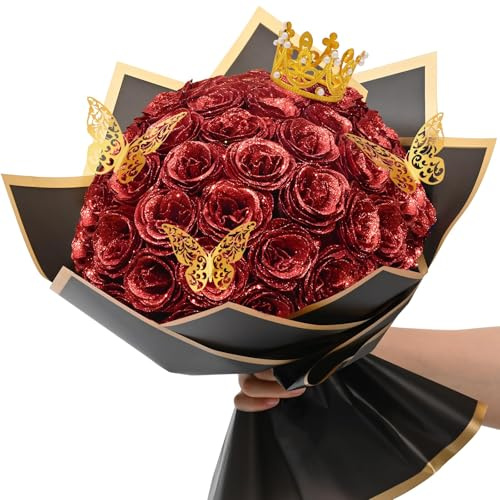 Bouquet di rose glitterate, regalo di compleanno per donne e mamme, bouquet di fiori finti fai da te con cartelli di compleanno, 24 rose rosse per nonna, moglie, amici
