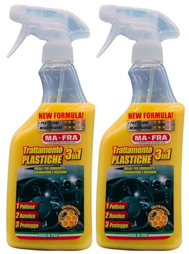 Detergente Spray TRATTAMENTO PLASTICHE 3In1, Ideale Per Cruscotti, Guarnizioni e Fascioni. Pulisce, Ravviva e Protegge Le Parti Interne Dell'Auto 500ml (2 Spray)