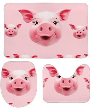 3 Piece Bath Mat Set Bajie Is Smiling U Shape Wc Toilet Rug Anti Slip Novelty Contour Rug Set, For Outdoor, Bedroom, Floor Tub