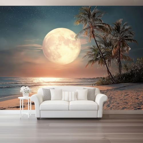 Large Moon Beach Wall Mural Wallpaper, Tropical Ocean Sunset Palm Trees Night Sky Design, Non-Woven Wallpaper for Bedroom or Living Room, Beige Decorative Photo Mural 200 × 140 cm