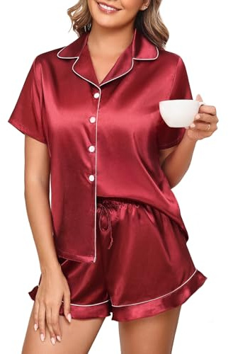 Niwicee Conjunto de Pijama Seda Mujer 2 Piezas Manga Corto con Botones Ropa de Dormir Satén Ropa Pijama Corto Mujer Verano Pijama Mujer Loungewear (Burdeos, XXL)