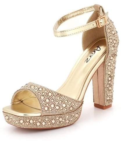 Womens Rhinestone Diamante High Block Heel Sandals Sparkly Platform Peep Toe Evening Wedding Party Prom Ankle Strap Ladies Gold Shoes Size 6 UK 39 EU