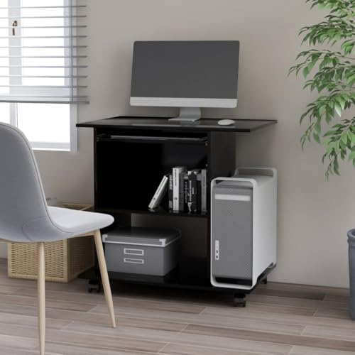 SooIarix Scrivania nera in legno, 80 x 50 x 75 cm, con ruote, ripiano estraibile per tastiera, tavolo per PC e gaming per studio e ufficio