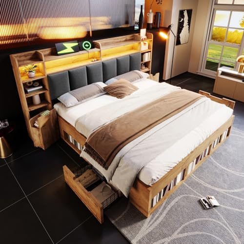 Sweiko Lit Double rembourré 160x200 cm, tête de lit avec éclairage LED, sommier à Lattes en Bois, Tables de Chevet équipées de Ports USB et Type-C, tiroirs à roulettes