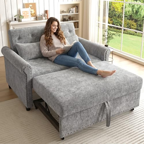 LPdorbe Canapé lit 2 Places,Canapé Convertible 3 en 1–Dossier inclinable 110/145/180°,Coussins Inclus,Structure en Bois Massif,Tissu Chenille,idéal pour Petit Espace,Studio,Chambre d'amis,Gris
