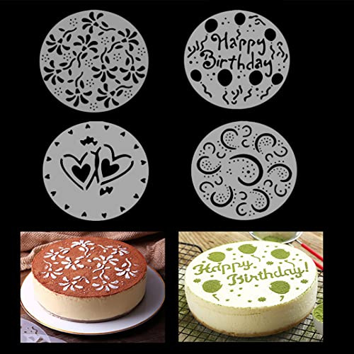 iSuperb 4 Pieces Cake Top Stencils Cookie/Cake Decorating Painting Templates Baking Tool for Cupcake Wedding Cake Fondant Impression, Wedding Birthday Party Cake Decoration Supplies