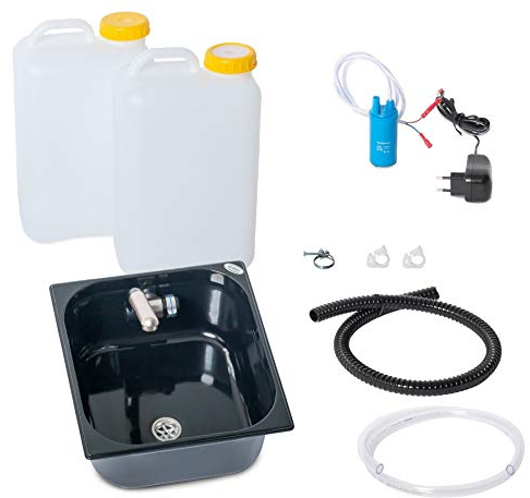 Wasseranlage Imbisswagen Verkaufsanhänger Campingküche 230v Bausatz Spüle schwarz 354x325x150 integriert + Wasserhahn Barwig Chrom Wasserkanister 19 Liter (ad-ideen)
