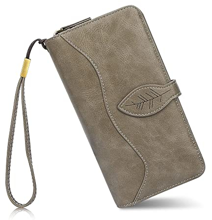 conisy Geldbörse Damen Gross, Portemonnaie Damen Leder mit RFID Schutz, Lang Clutch Geldbeutel Damen mit Handyfach (Grau)