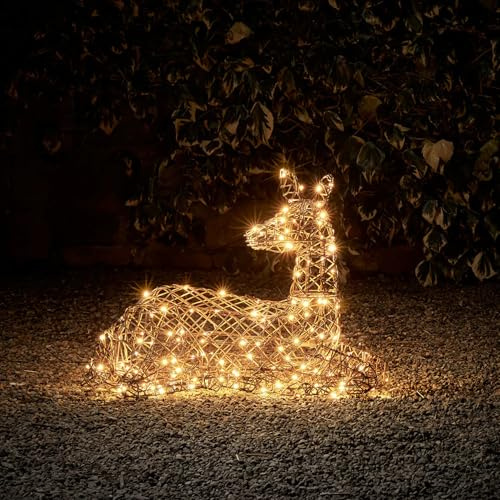 Lights4fun Reno Studley tumbado de cierva | con LEDs blanco cálido | Decoración navideña de ratán artificial figura de CIERVO para Navidad | para interior y exterior del jardín | con cable de red |