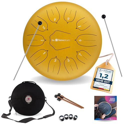Sonodrum Steel Tongue Drum « Standard » ré majeur en or - 12 pouces avec 11 sons - Tambour à langue en acier avec livre de partitions, mailloches et sac. Savoir jouer des notes n'est pas nécessaire.