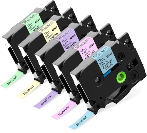 MarkField 5x Kompatibel Pastell Schriftband als Ersatz für Brother P-Touch TZe TZ 12mm 0,47 Bänder Laminierte Bunt Etikettenband für Ptouch PT-H107B H105 H100LB H110 H200 D200 D400 1000 1090 Cube