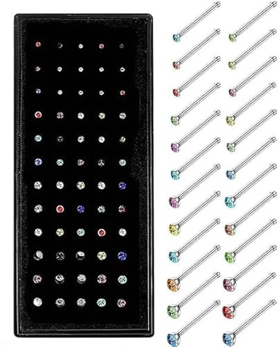 Dochais 60/100 stycken nässtavar rostfritt stål L form näspiercing plugg små ringar C formad silver spiral näsa kontakt med strass rak näsa piercing ringar för kvinnor män 20 g, Rostfritt stål