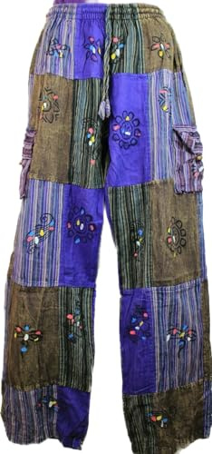 Karma Handicrafts Patchwork Hippy Cotton Festival Trouser Boho Yoga Pant Wide Leg Combat Nepal 202 (US, Alpha, Small, Medium, Regular, Regular, Purple)