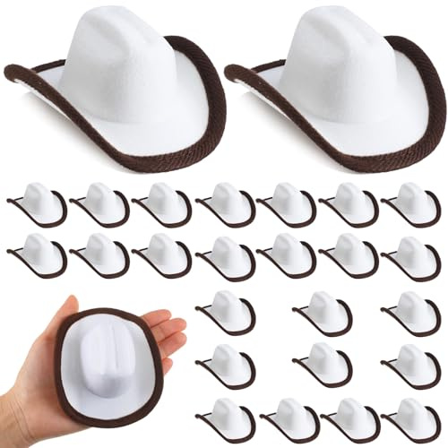 Foilswirl 24 Pcs Mini Cowboy Rodeo Hats 3.94 Inch Mini Western Cowgirl Small Cute Doll Miniature Cowboy Hats Decorations Accessories for Pretend Play Dollhouse Birthday Party Decor(White)