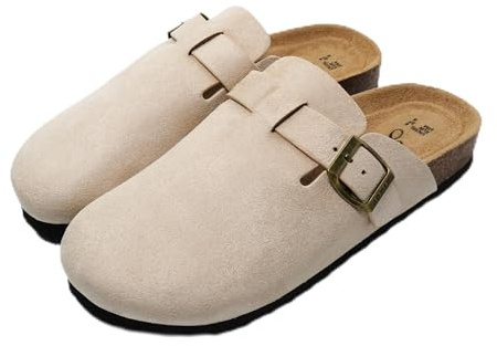 JOMIX Zapatillas Casa Mujer con Hebilla Zuecos y Mules Mujer Ante con Plantilla Ortopédica Sandalias Cómodas MD2438, Blanco Sucio, 39 EU