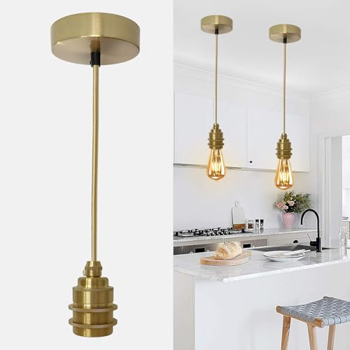 Gold Vintage Pendelleuchte Lampenfassung, E27 Metall Lampenaufhängung mit 120cm Textilkabel Höhenverstellbar Hängeleuchte, DIY Hängelampe Esstischlampe Deckenleuchte für Küche Cafe(Ohne Glühbirne)
