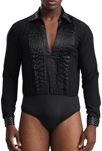 TTAO Herren Latein Hemd V-Ausschnitt Glitzer Body Einteiler mit Knöpfen im Schritt Trikot Tanz Kostüm Salsa Samba Chacha Moderne Tanzkostüm Schwarz XL